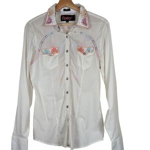 Roar Signature White Embroidered Western Snap Shirt Rhinestone Medium Cowgirl